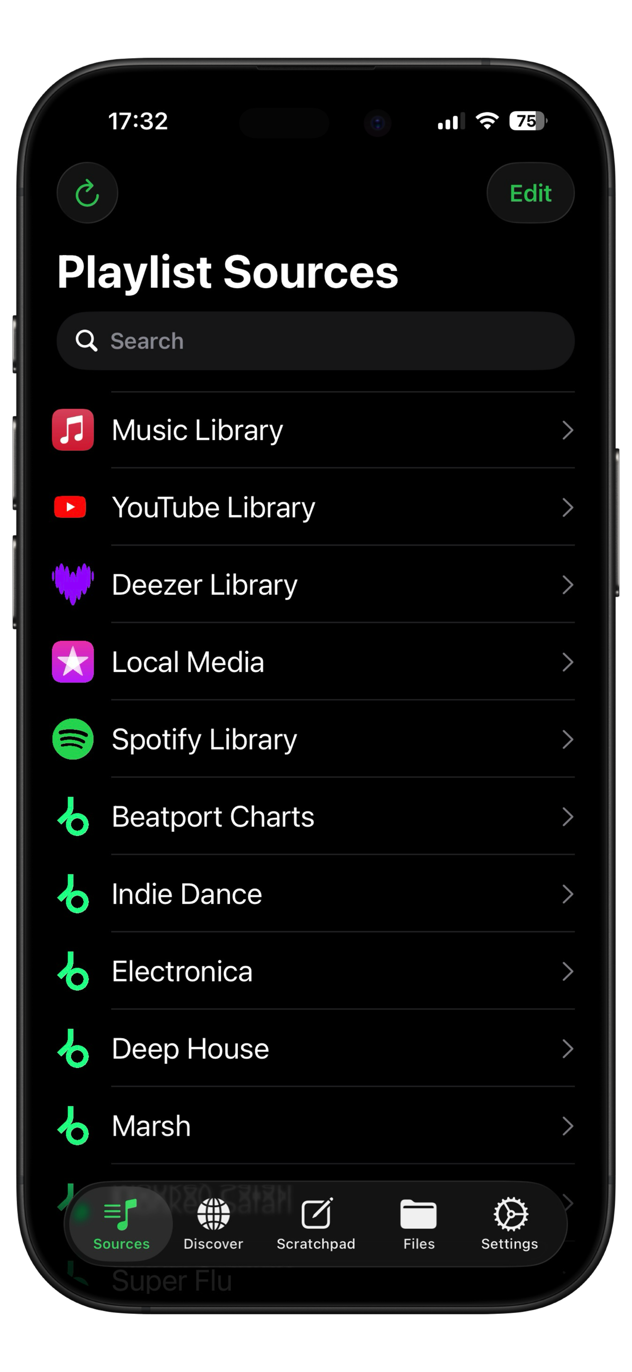 Playlisty playlist sources screen